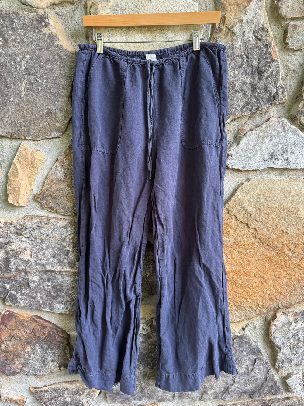 Joie Linen Lyocell Pull On Pants Large Navy Blue Wide Leg Drawstring Coastal